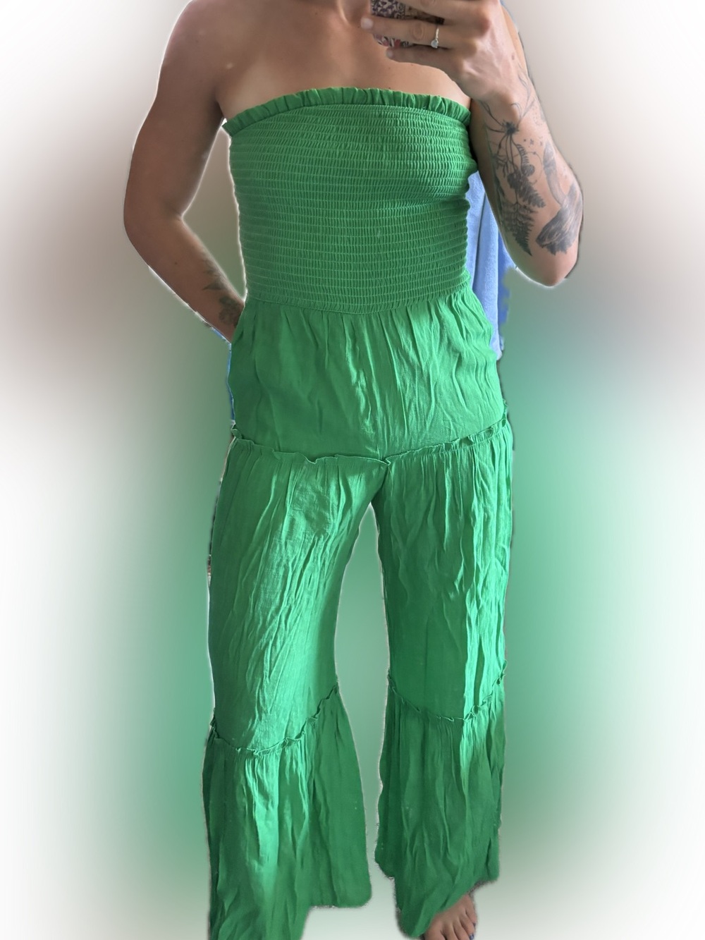 Strapless Smocked Wide-Leg Jumpsuit in Bright Green